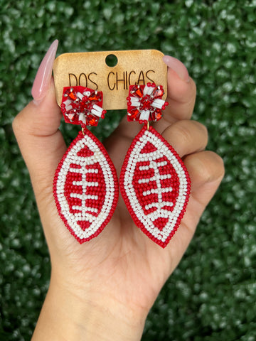 Deep Red Beaded Football Earrings