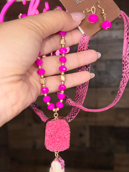 Fuchsia Stone Necklace Set with Earrings