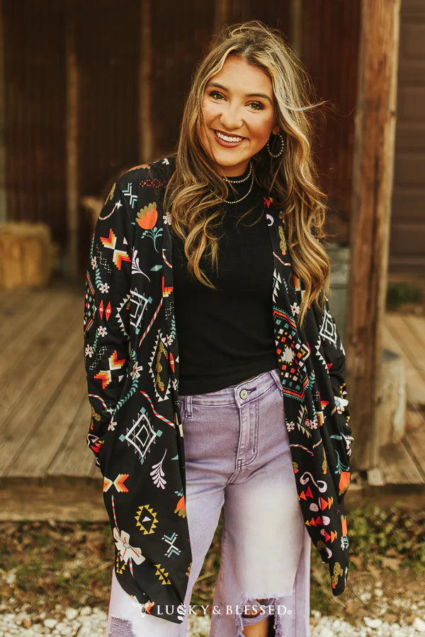 Black Aztec Cactus Kimono