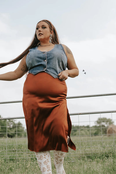 Rust Silk Maxi Slit Skirt